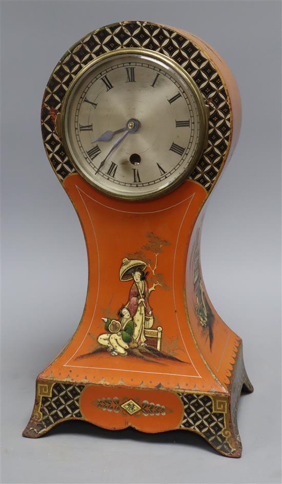 A Japanned balloon mantel timepiece, height 36cm